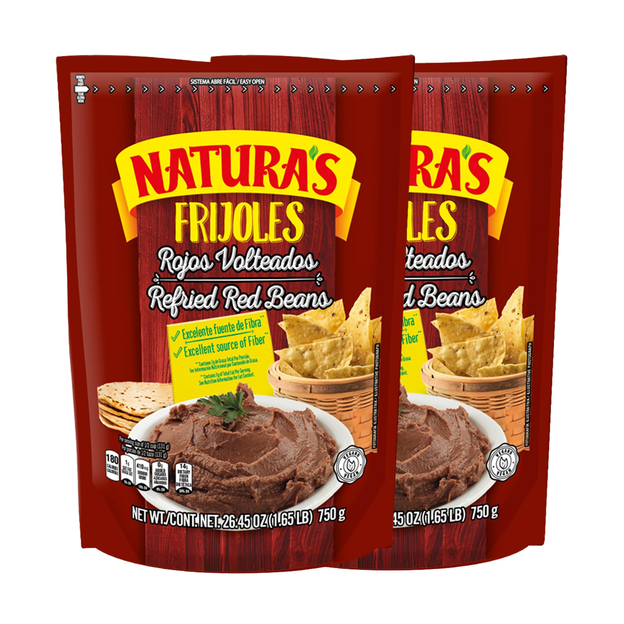 Natura's Refried Red Beans pouch front, convenient ready-to-serve vegan option.