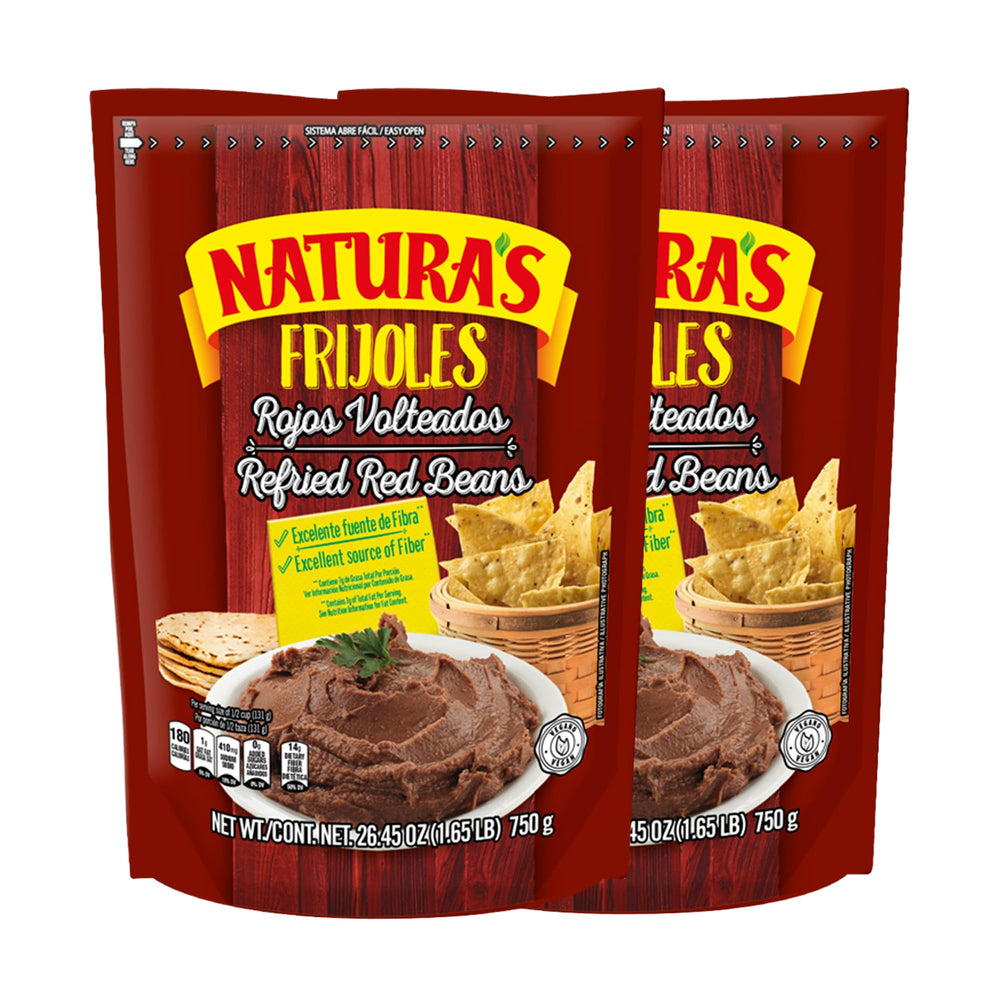 Natura's Refried Red Beans pouch front, convenient ready-to-serve vegan option.