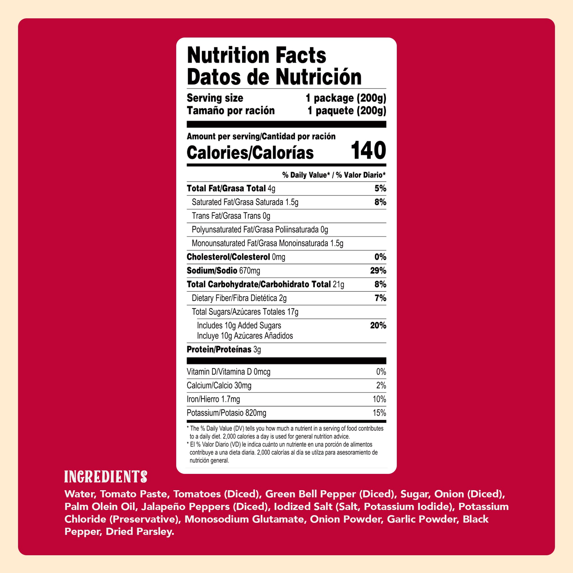 Natura's Salsa Ranchera ingredients display tomatoes onions and chiles