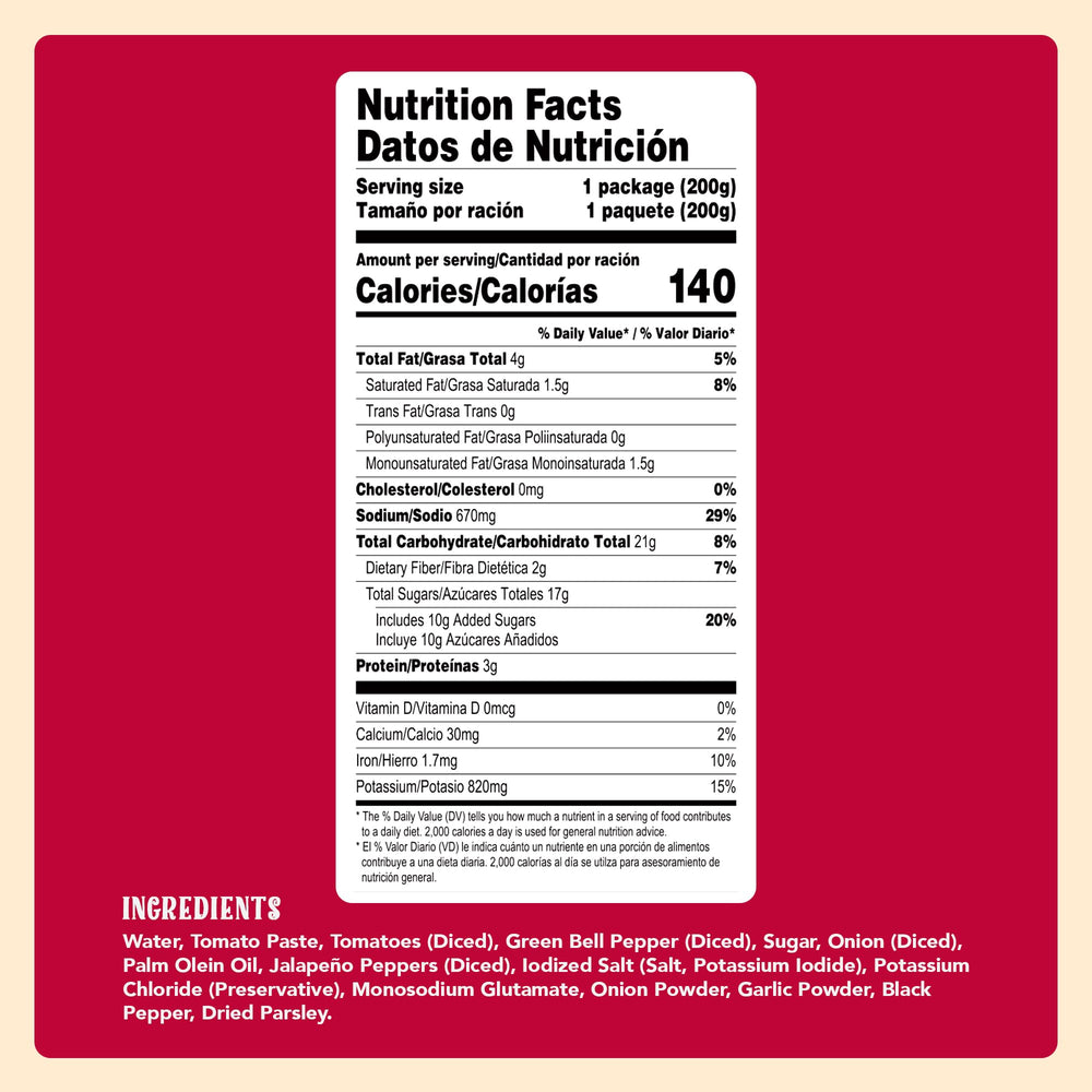 Natura's Salsa Ranchera ingredients display tomatoes onions and chiles
