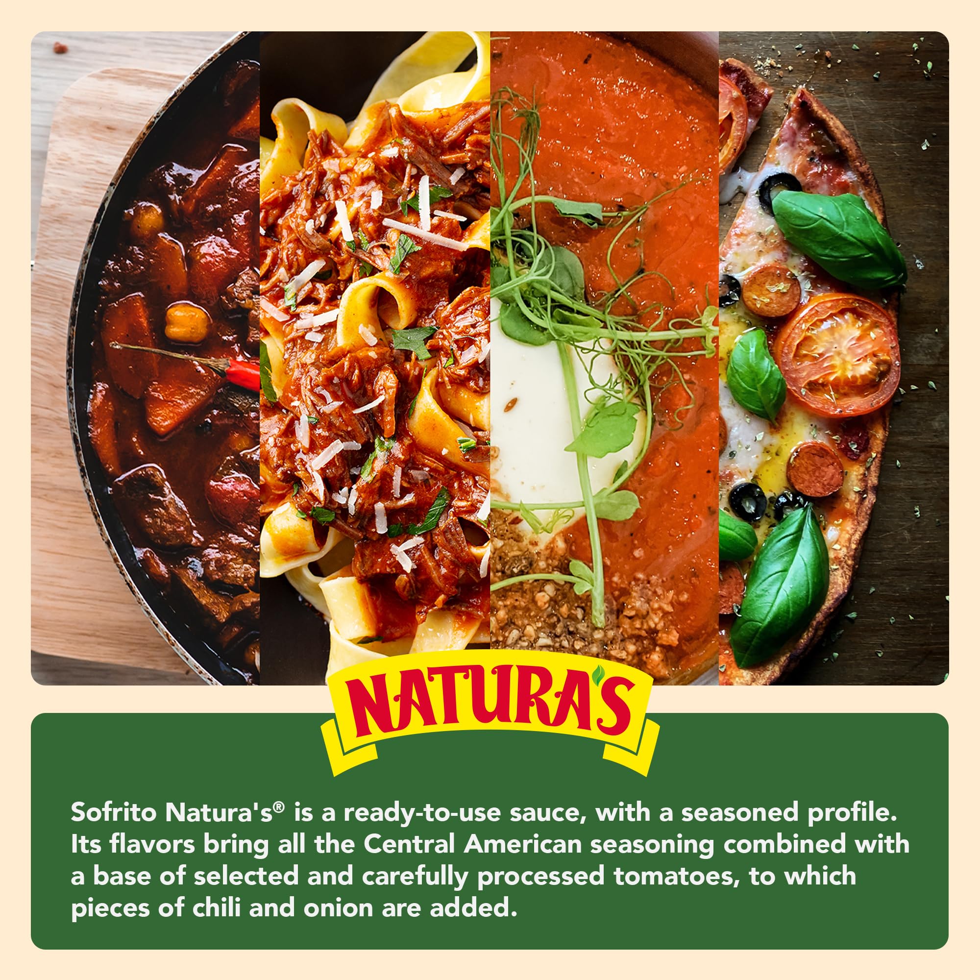 Vegetables in Natura's Sofrito Criollo pouch with peppers and onions for vibrant Creole aroma