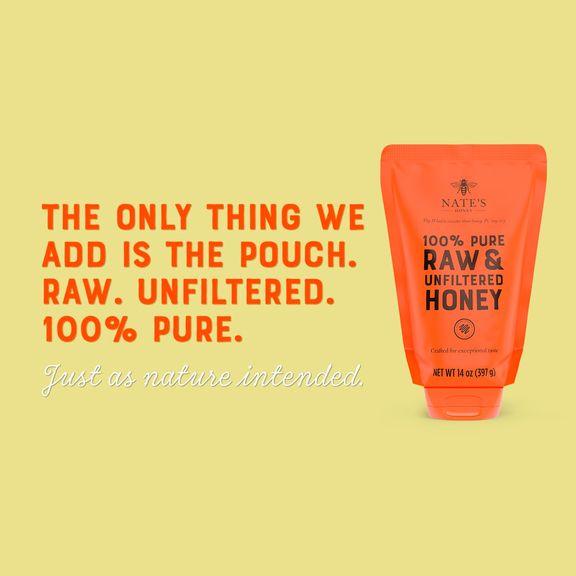 Nature Nate's honey on a spoon highlights smooth texture for coffee or tea.