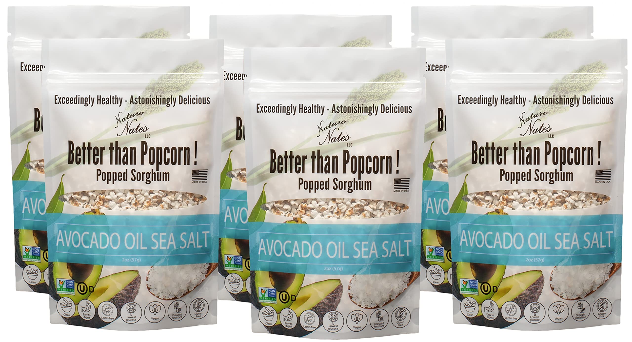 Nature Nate's Popped Sorghum with avocado oil and sea salt in a bowl, savory snacking.