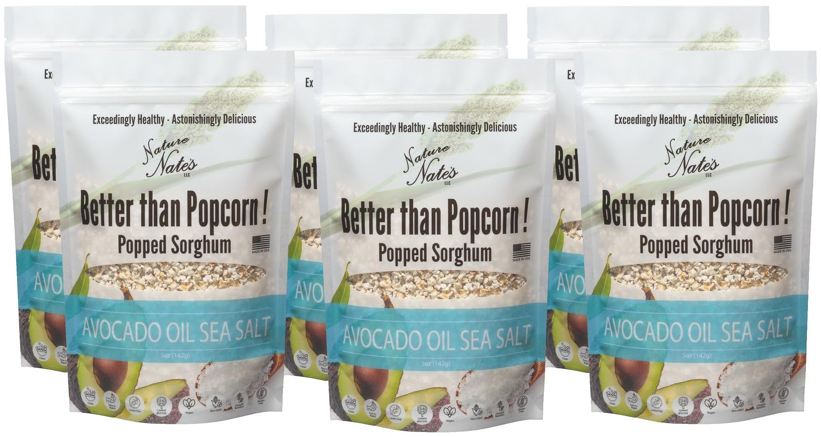 Nature Nate's popped sorghum with avocado oil and sea salt, a gluten-free snack option.