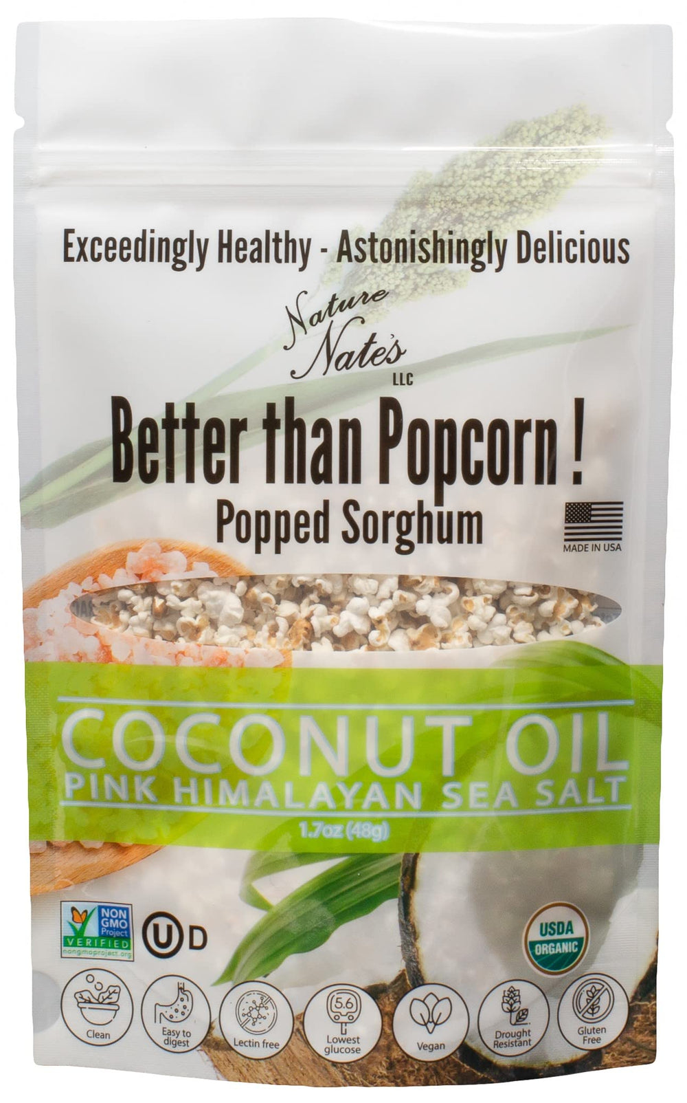 Nature Nate's popped sorghum bowl reveals a light, crunchy texture.