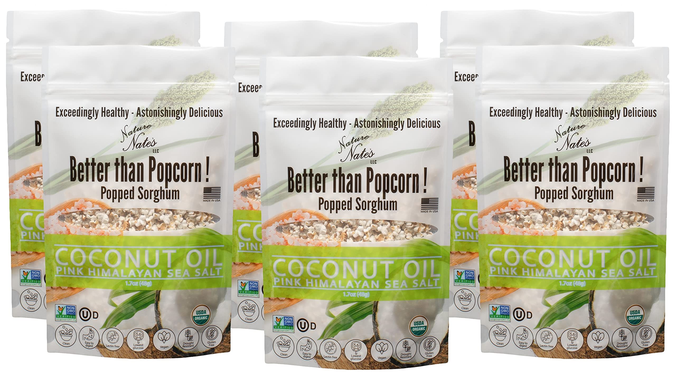 Nature Nate's popped sorghum bag highlights coconut oil and pink Himalayan salt for a gluten-free snack.
