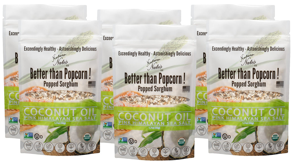 Nature Nate's popped sorghum bag highlights coconut oil and pink Himalayan salt for a gluten-free snack.