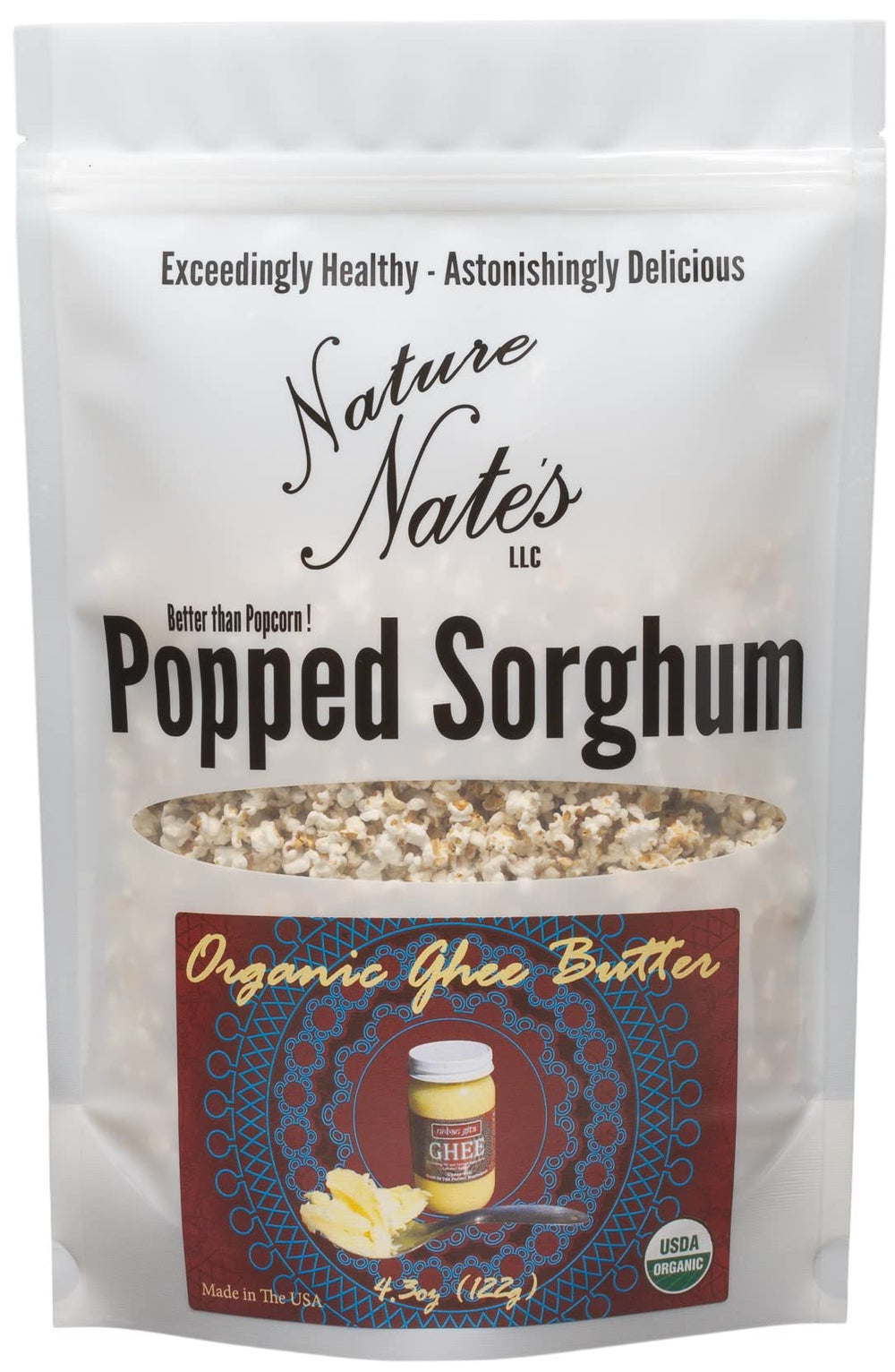 Nature Nate’s Popped Sorghum with ghee butter and sea salt snack, protein-rich and savory
