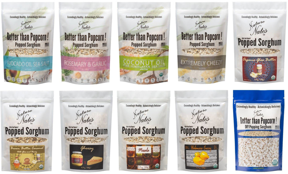 Nature Nate's six-pack pantry display suggests convenient, ready-to-share snacking.