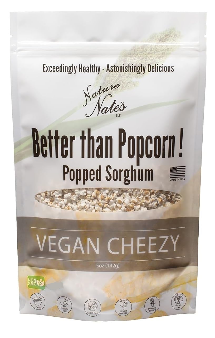 Nature Nate's Vegan Cheezy Popped Sorghum sea salt bag, protein-rich snack option