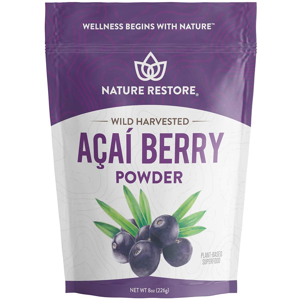 Nature Restore acai powder bag closeup highlighting wild harvest quality and freshness.