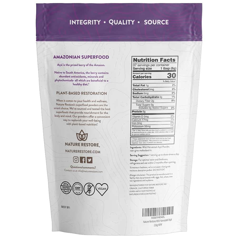 Nature Restore acai powder in spoon emphasizes convenient superfood versatility.