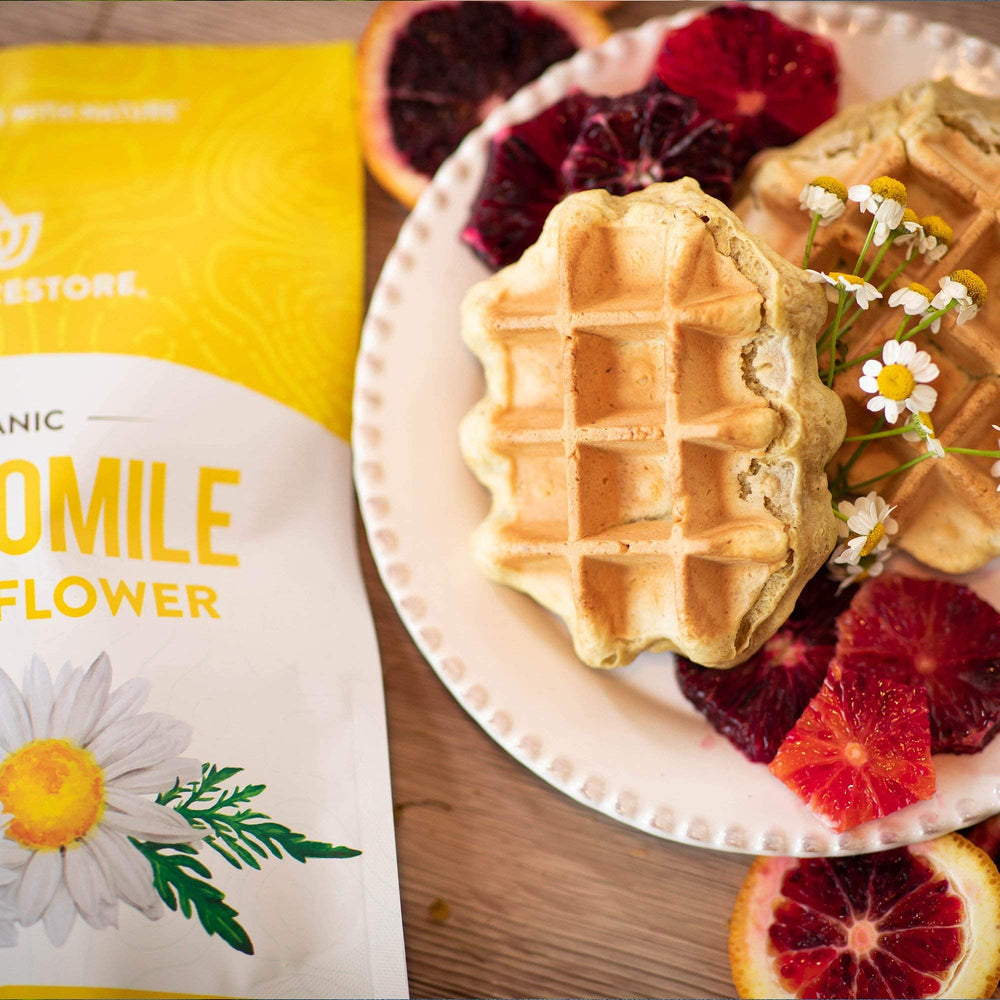 Nature Restore chamomile waffles – fragrant infusion adds light floral sweetness.