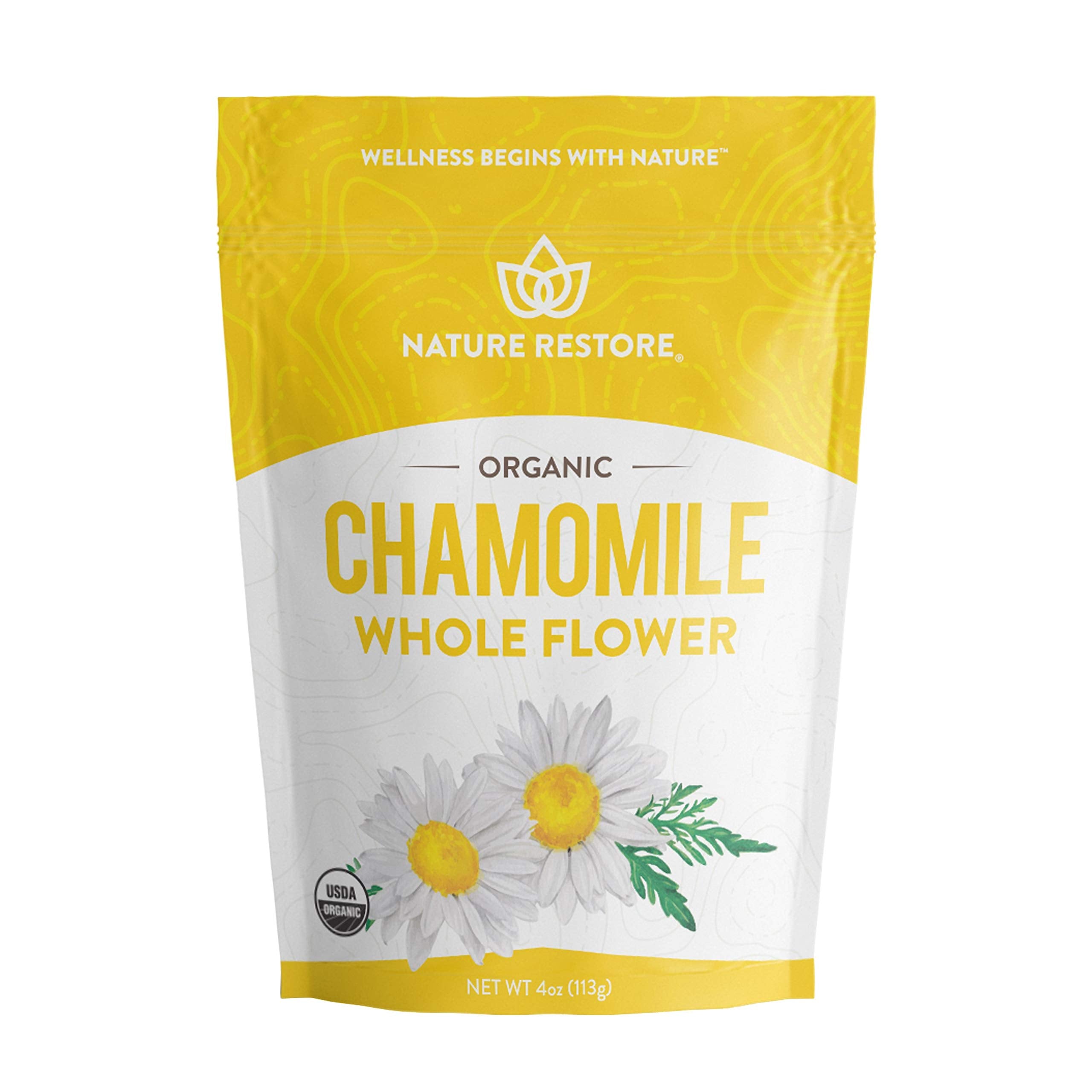 Nature Restore Organic Chamomile whole flowers for tea – aromatic infusion for calming evenings.
