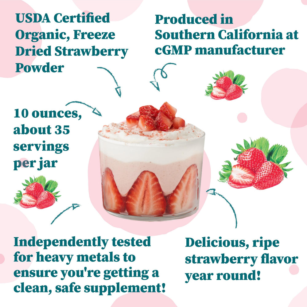 Nature Restore strawberry powder closeup reveals vibrant color and natural aroma.