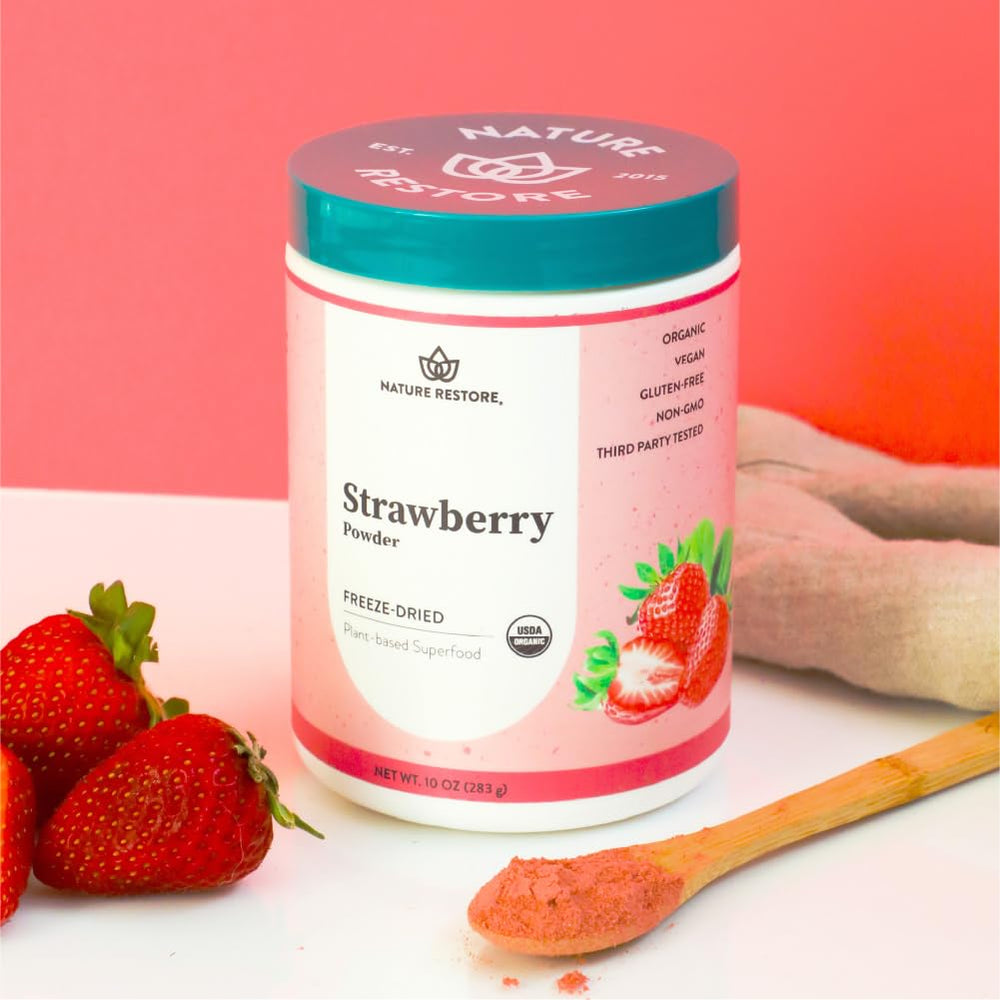 Nature Restore strawberry powder packaging closeup highlights recyclable container.