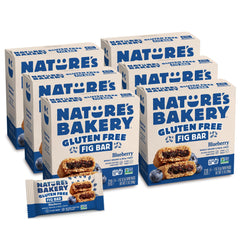 Nature's Bakery gluten free fig bars blueberry packaging, convenient on the go