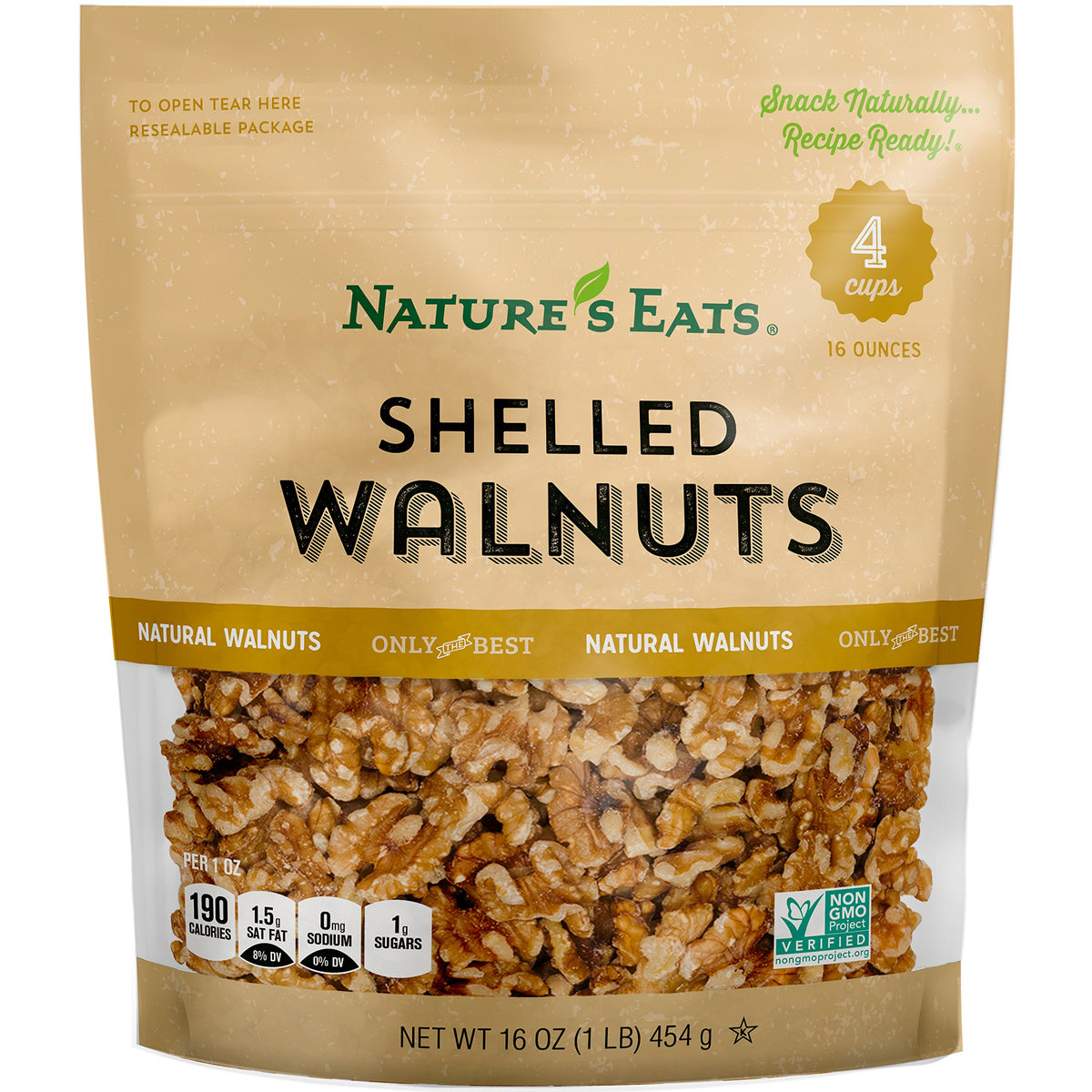 Nature’s Eats shelled walnuts 16oz bag, ready for snacking and baking.