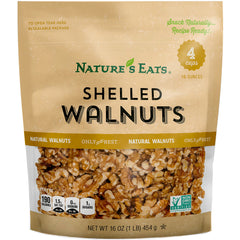 Nature’s Eats shelled walnuts 16oz bag, ready for snacking and baking.