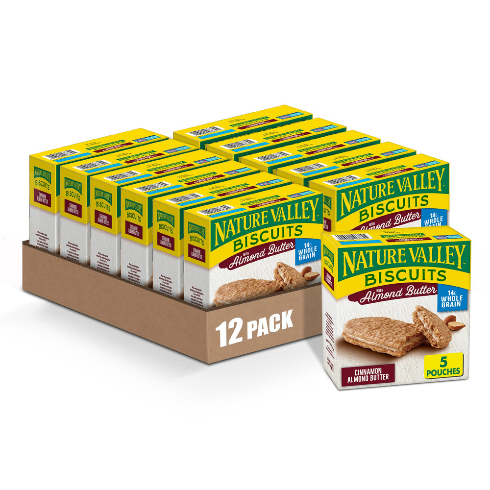 Nature Valley Almond Butter Biscuit Sandwiches 5-count pack, ideal for on-the-go snacking.
