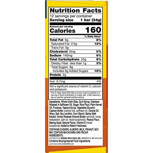 Ingredients focus on cashews and oats in Nature Valley bars.
