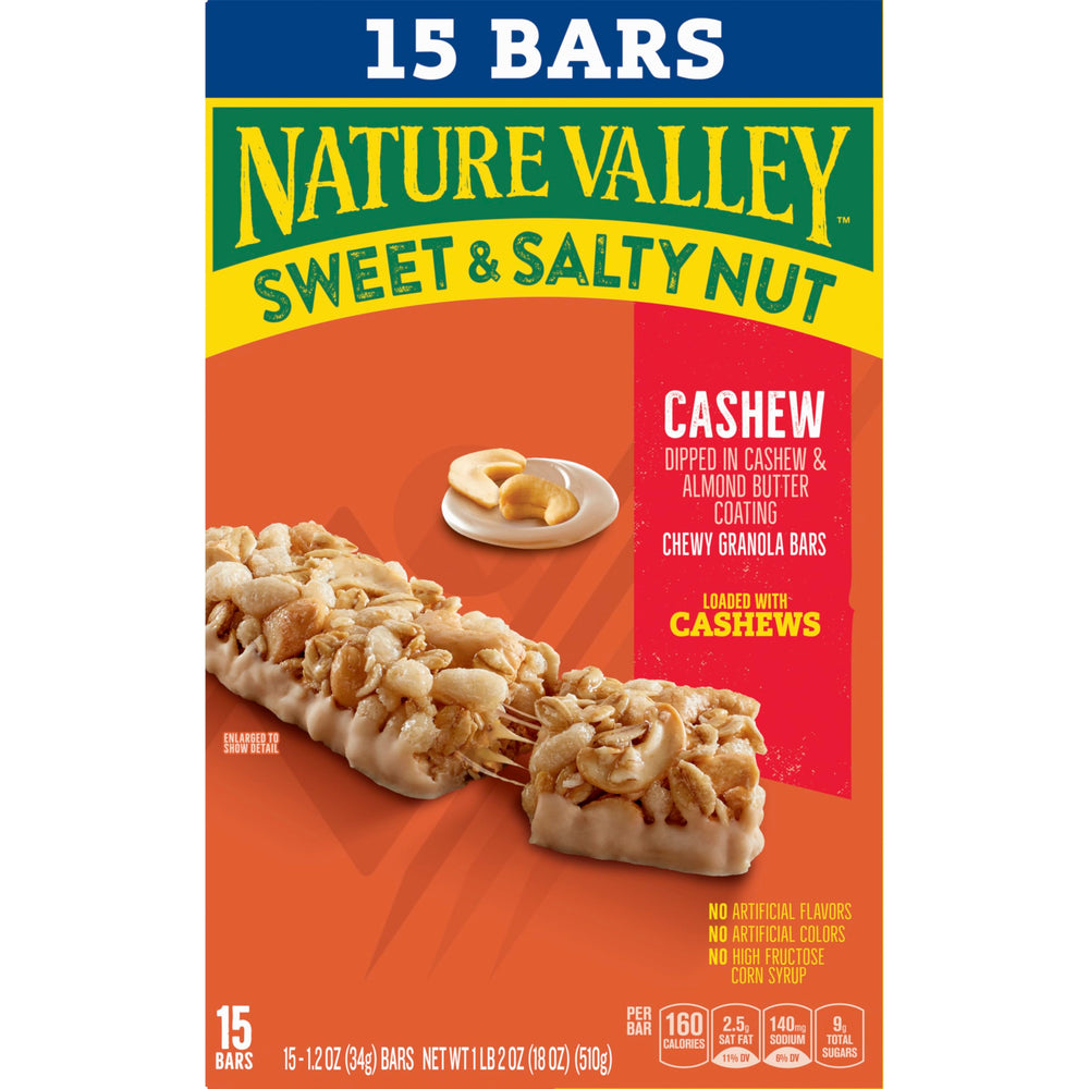 Assorted Nature Valley bars neatly arranged on a pantry shelf
