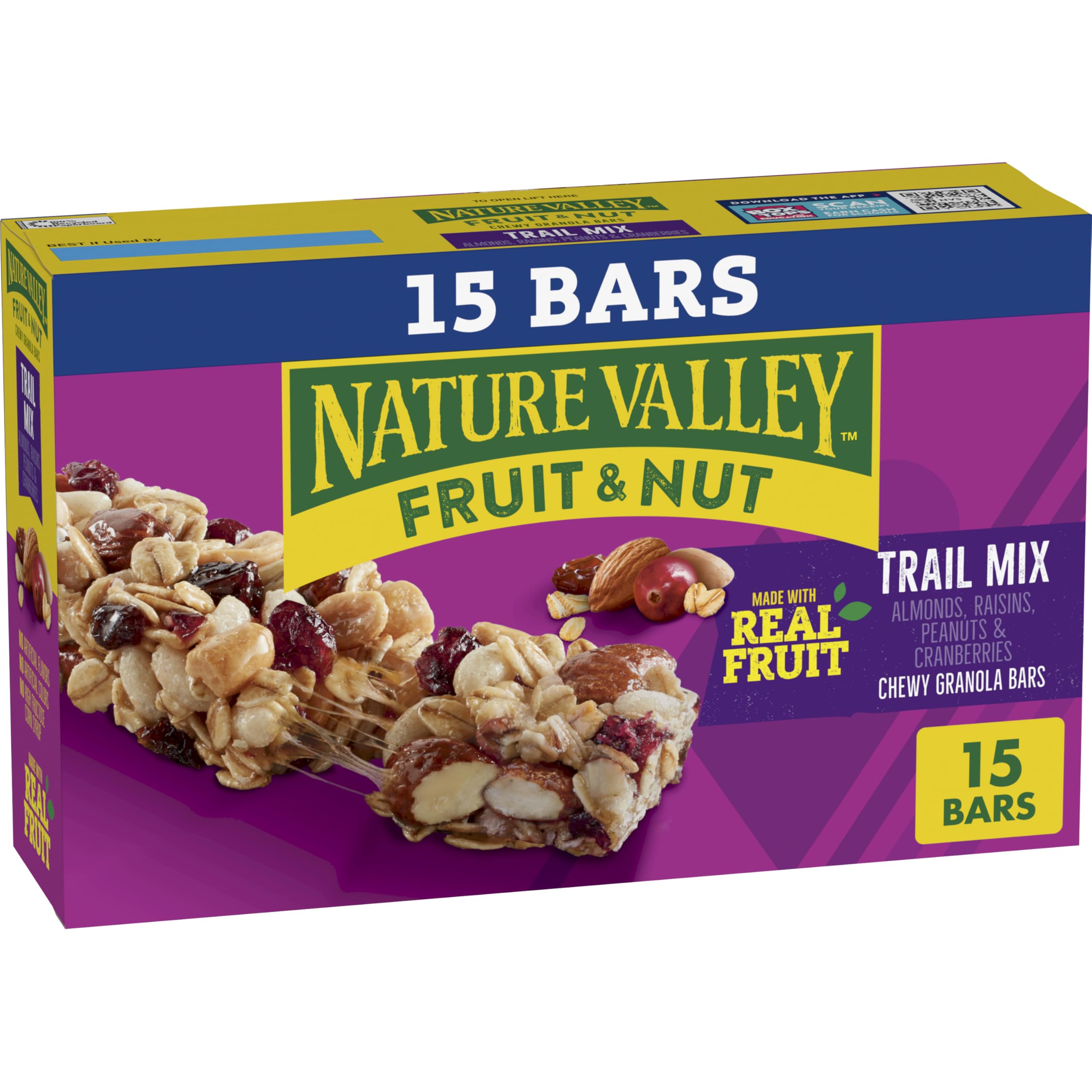 Nature Valley chewy fruit-nut bar with almonds and cranberries for on-the-go balance.