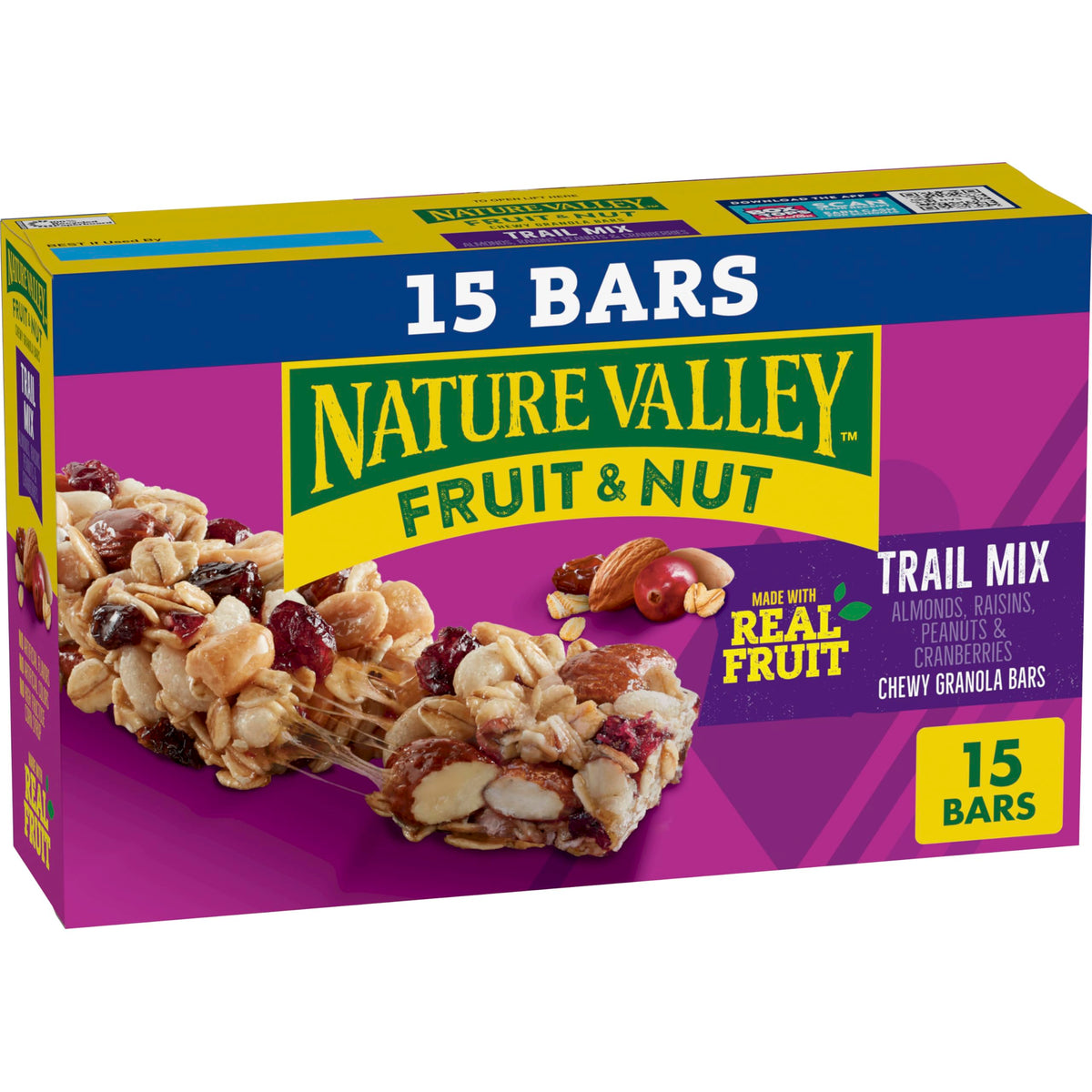Nature Valley chewy fruit-nut bar with almonds and cranberries for on-the-go balance.