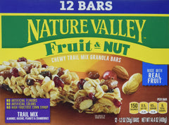 Nature Valley Chewy Fruit and Nut Bars in a 12-count box, ideal pantry snack.