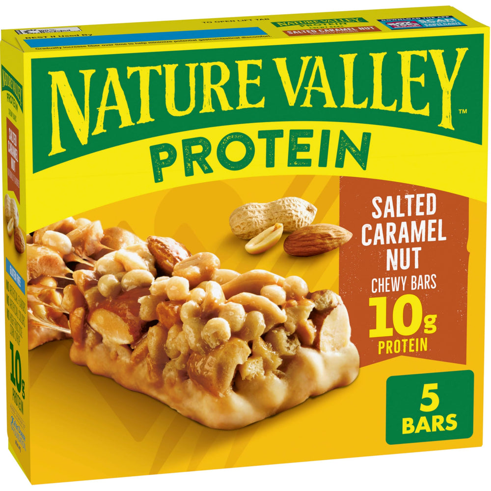 Nature Valley Chewy Protein Bars Salted Caramel Nut box front for quick protein on the go.