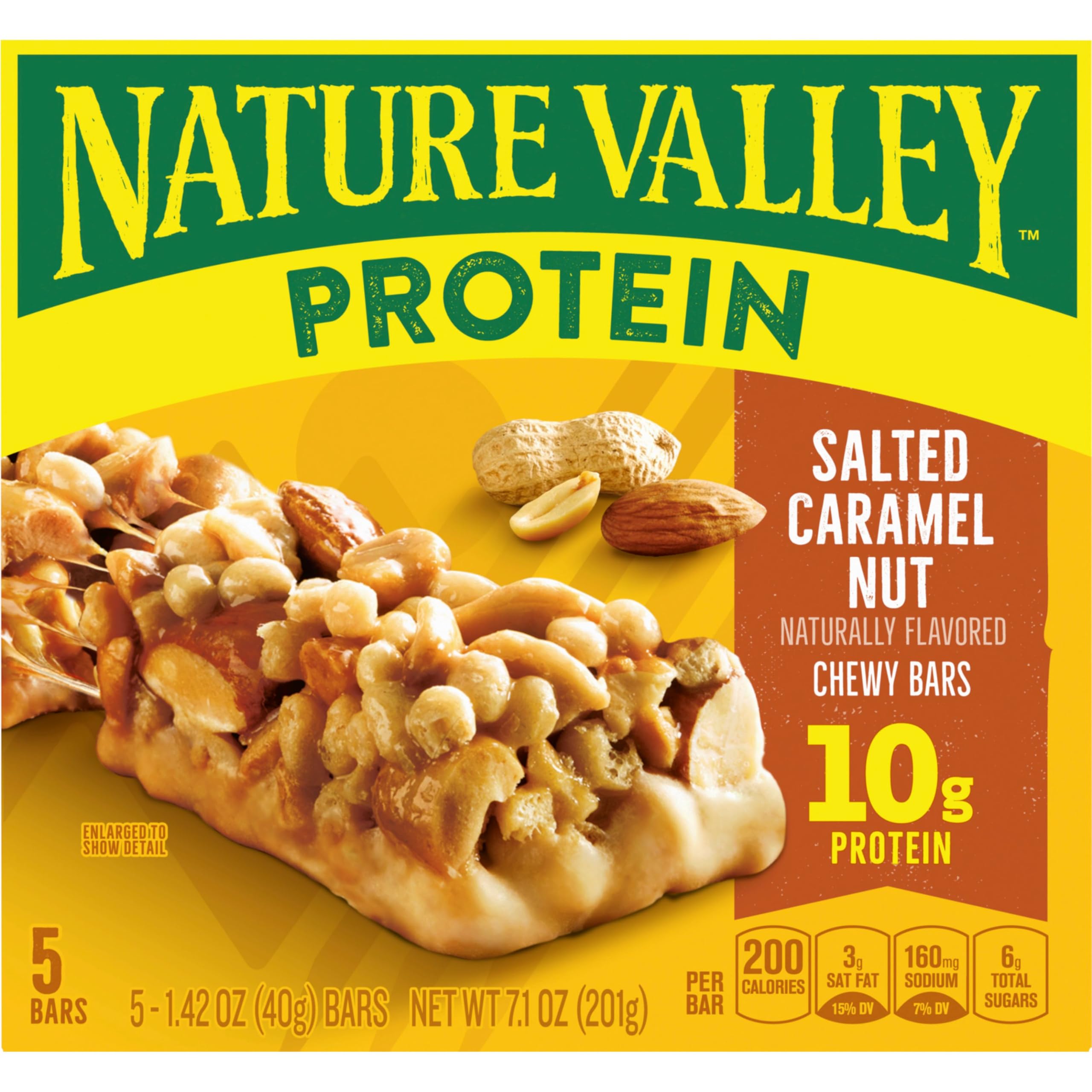Nature Valley Chewy Protein Bars Salted Caramel Nut close-up shows salted caramel bottom.