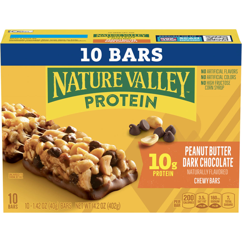 Nature Valley granola bar ingredients close-up with chocolate and peanuts