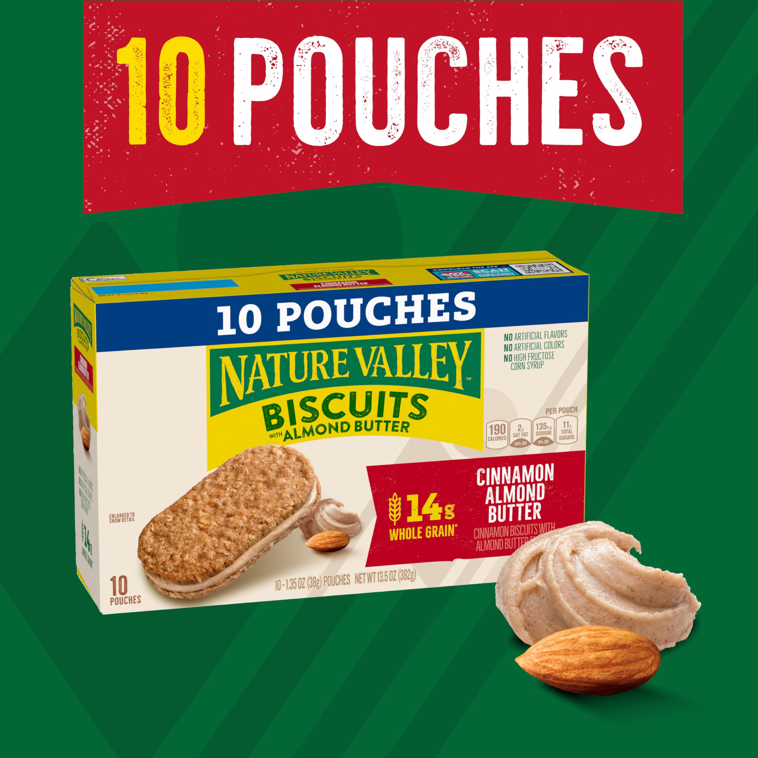 Nature Valley Cinnamon Almond Butter Biscuit Sandwiches individually wrapped for on-the-go snacking.