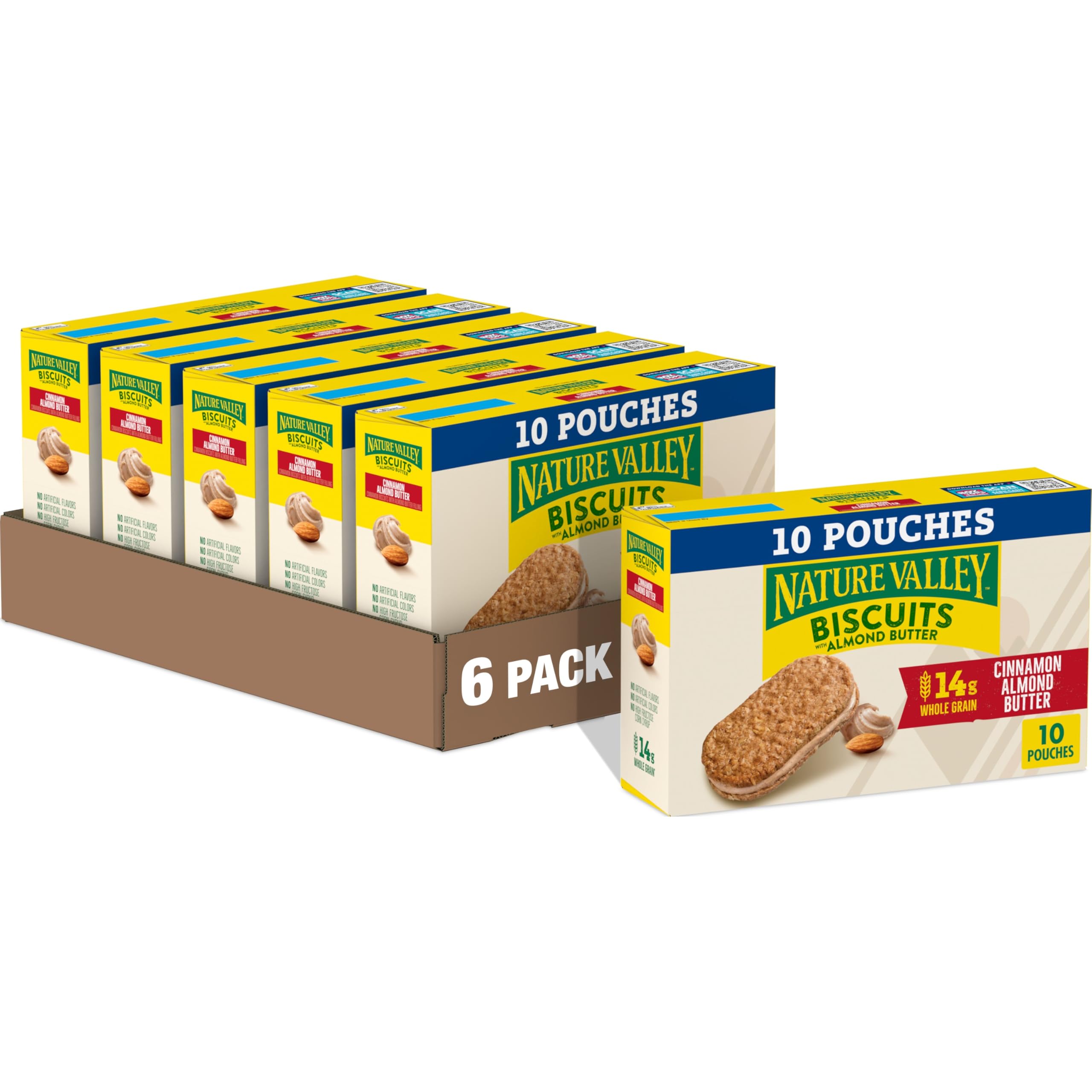 Nature Valley Cinnamon Almond Butter Biscuit Sandwiches packaging front, ready-to-eat snack option.