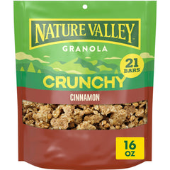 Nature Valley Crunchy Cinnamon Granola bag shows crunchy clusters for on-the-go snacking