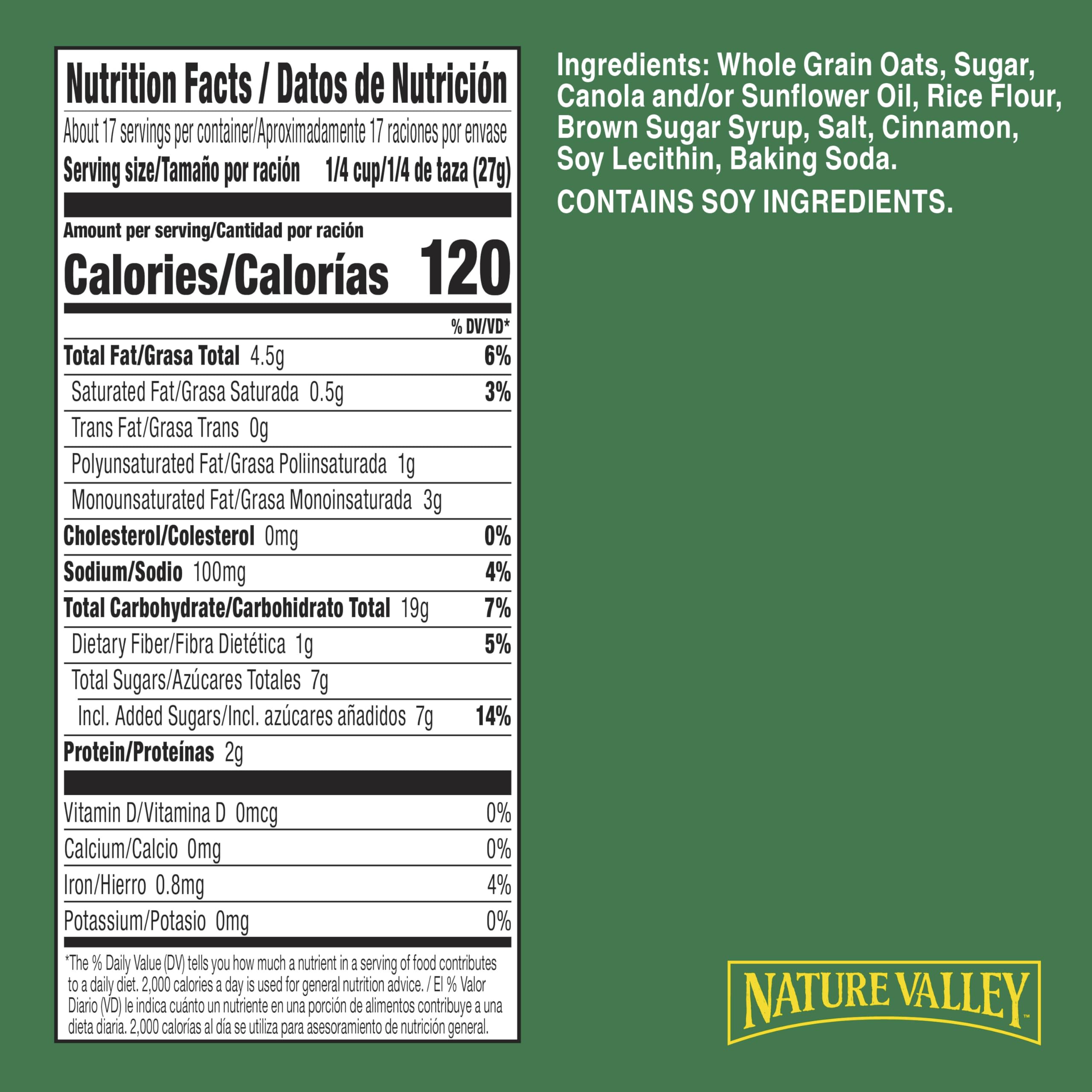 Nature Valley Crunchy Cinnamon Granola clusters close-up highlights whole grain texture