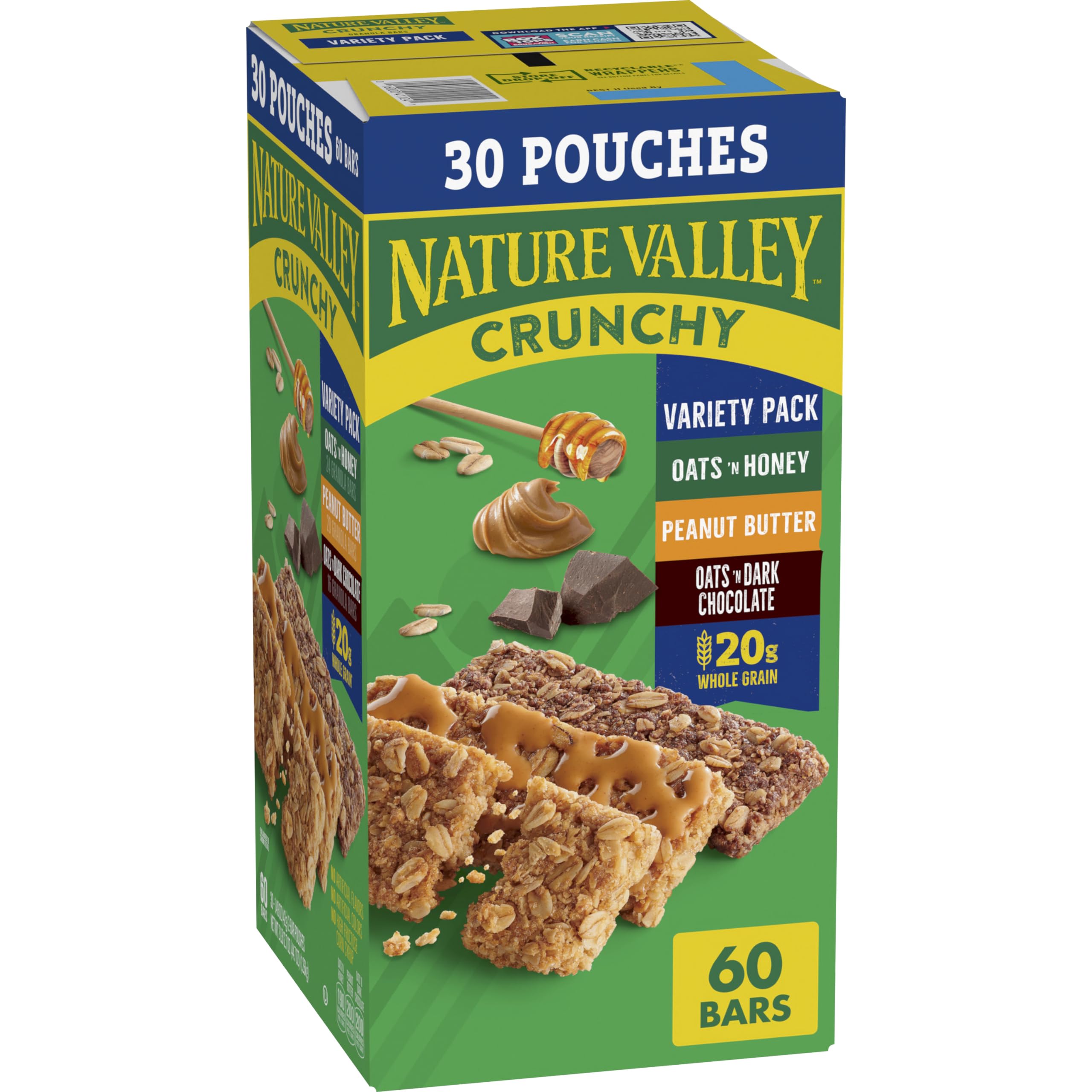 Nature Valley Crunchy Granola Bars Oats n Honey two-bar pouch for quick breakfast or snack.