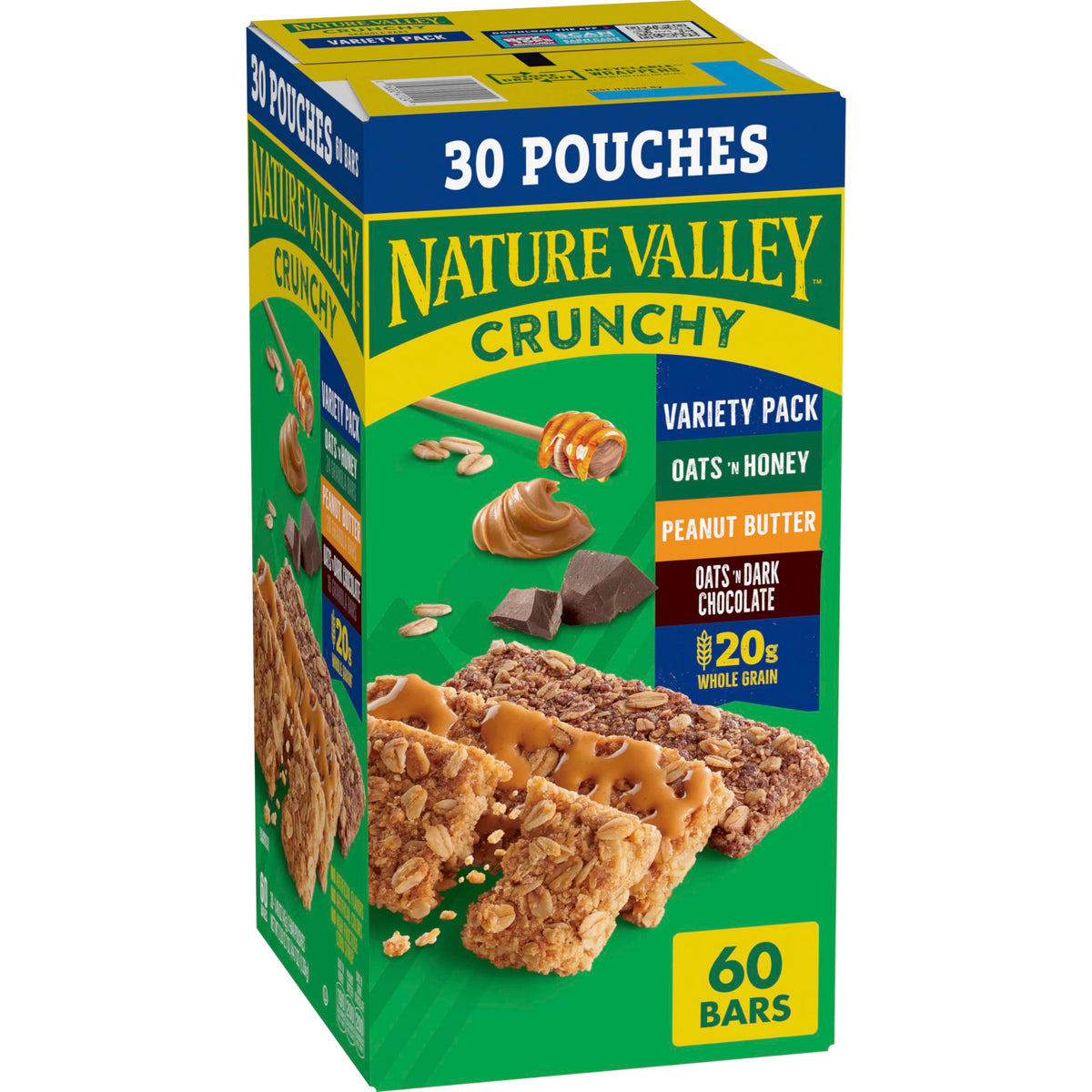 Nature Valley Crunchy Granola Bars Oats n Honey two-bar pouch for quick breakfast or snack.