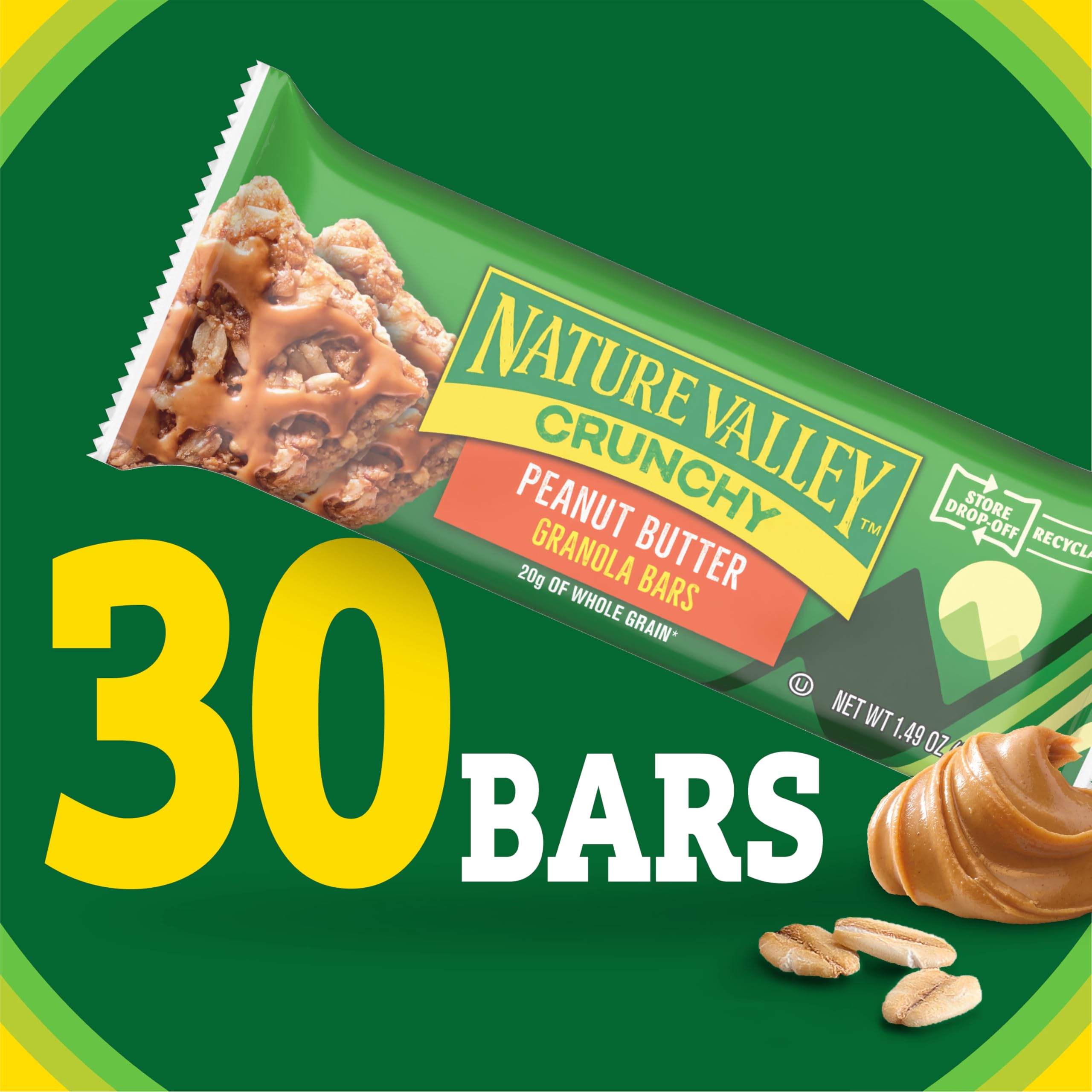 Whole grain oats highlighted in Nature Valley Peanut Butter bar for wholesome snacks