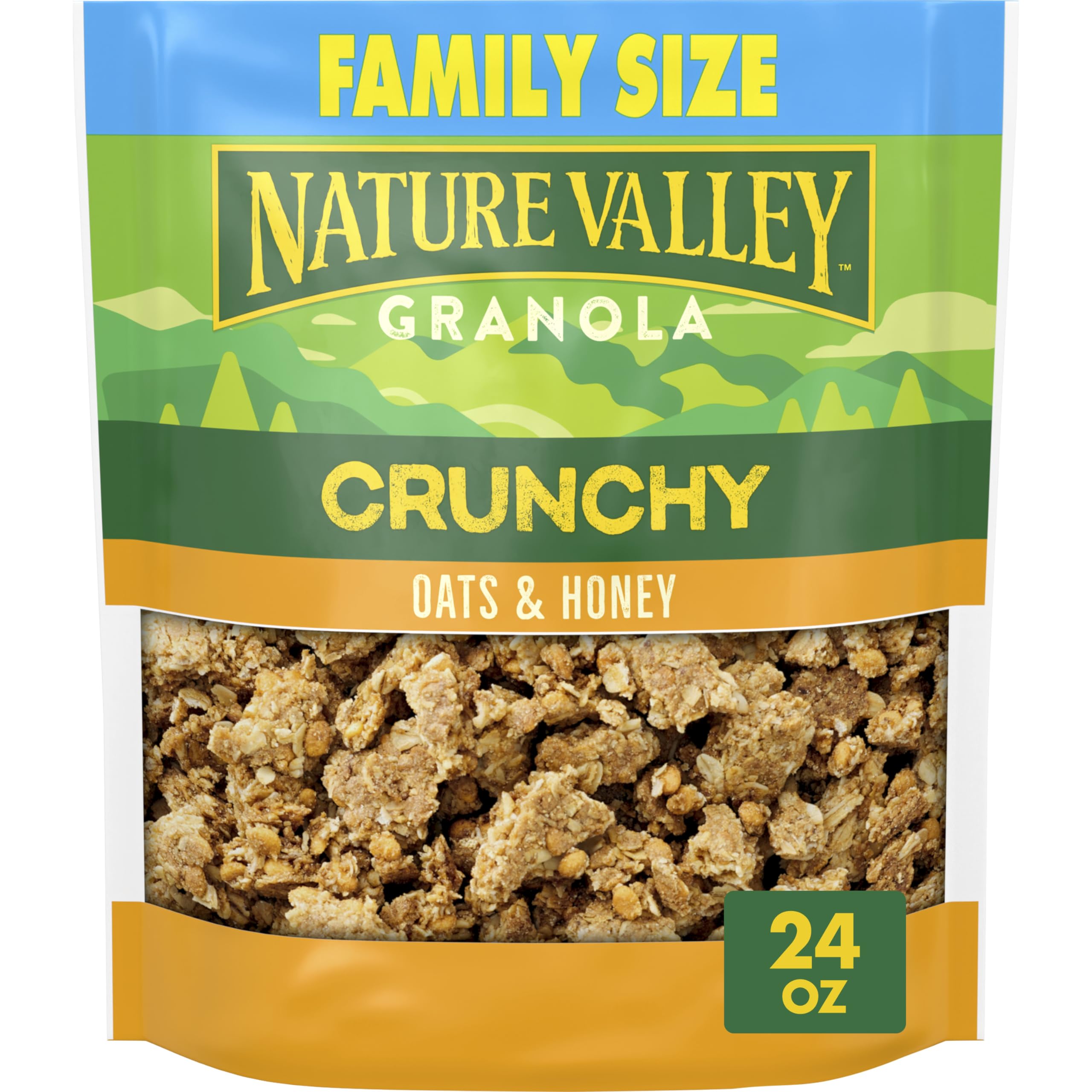 Nature Valley Crunchy Oats and Honey granola pouch with crunchy clusters for on-the-go snacking.