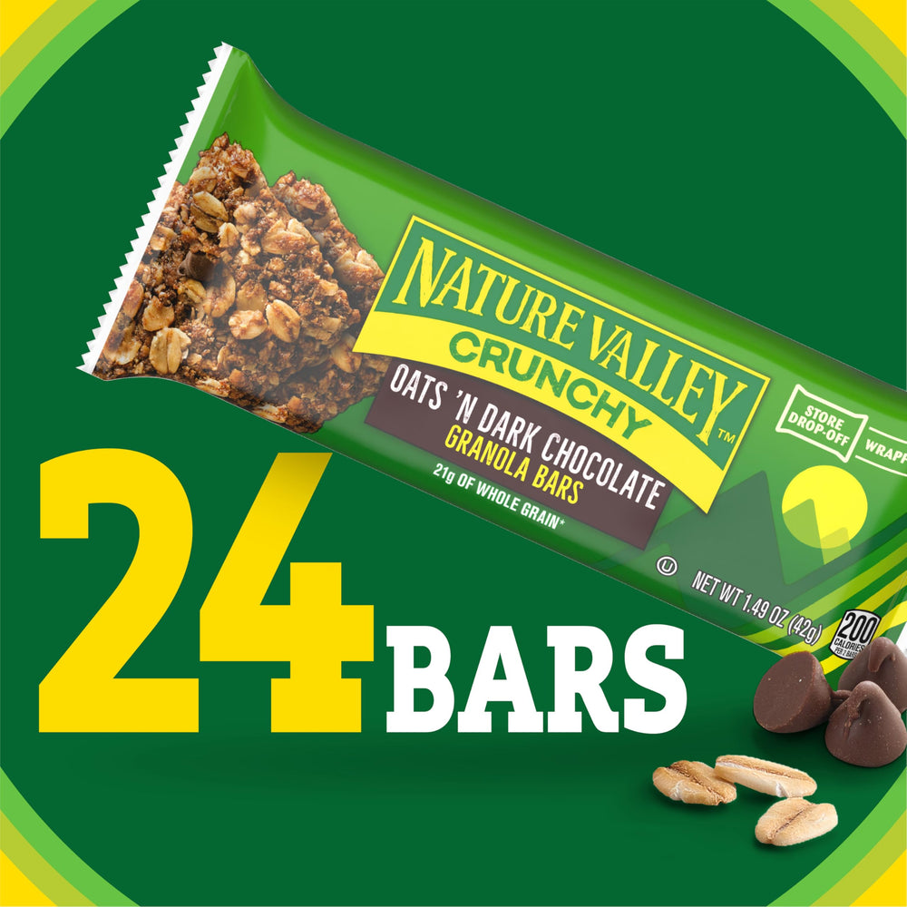 Close-up of Nature Valley Oats n Dark Chocolate bars showing chocolate pieces