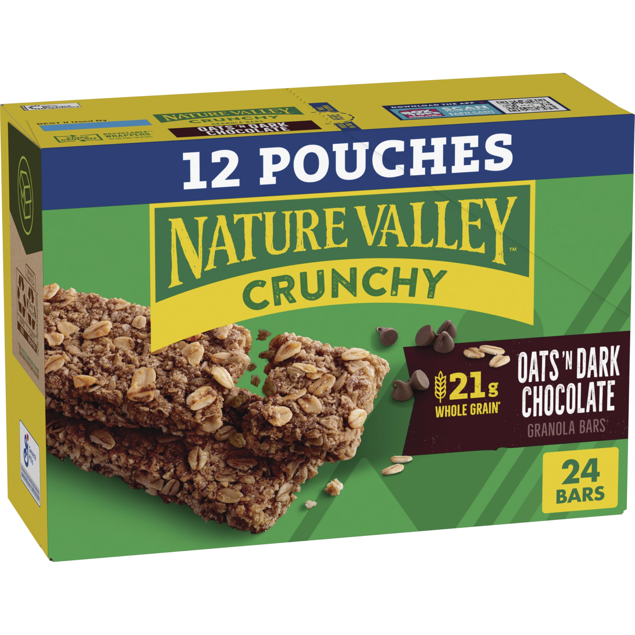 Nature Valley Crunchy Oats n Dark Chocolate bars packaging, convenient two-bar pouch for on-the-go