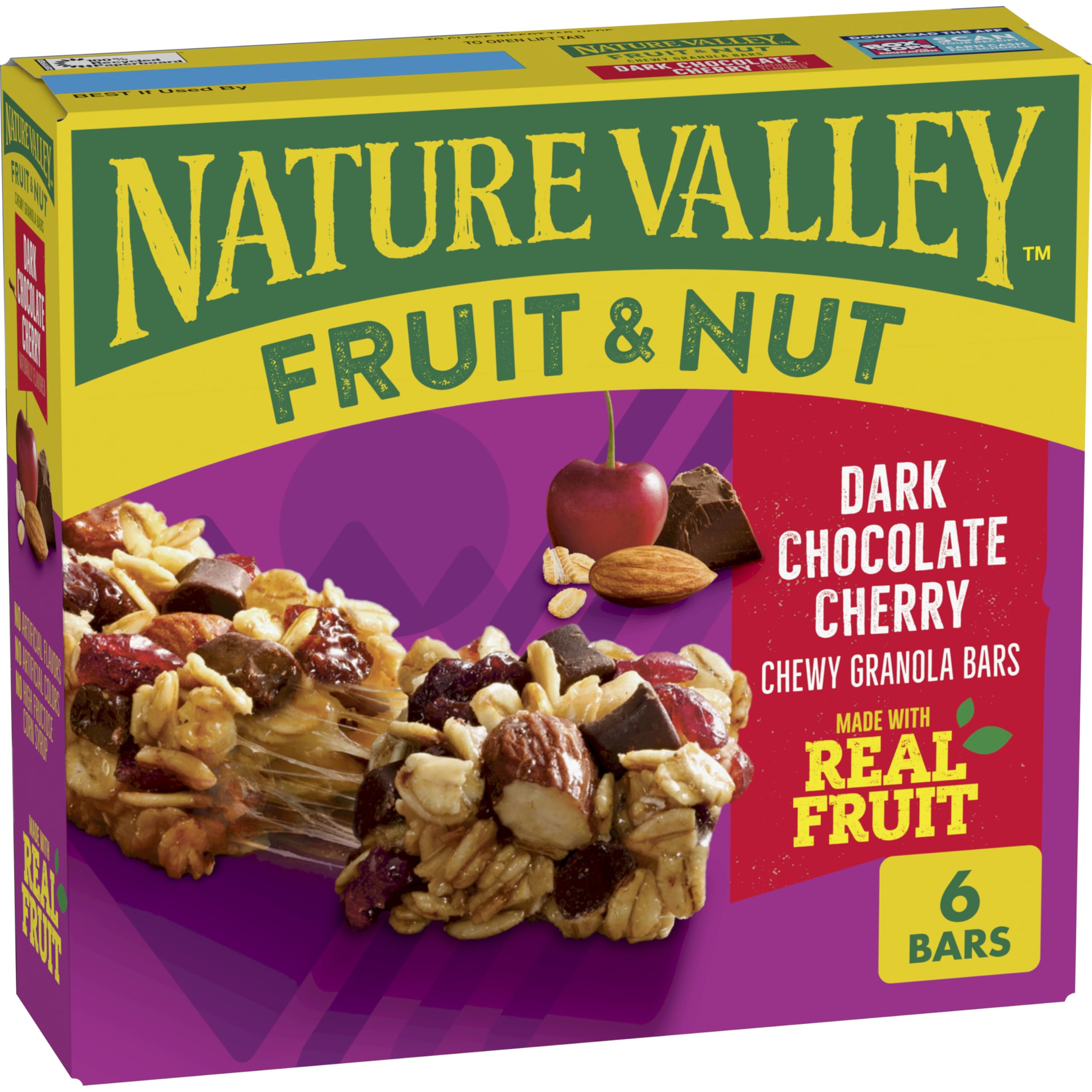 Nature Valley Dark Chocolate Cherry Fruit and Nut Granola Bars pack shown for easy trail-snack on the go.