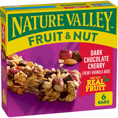 Nature Valley Dark Chocolate Cherry Fruit and Nut Granola Bars pack shown for easy trail-snack on the go.