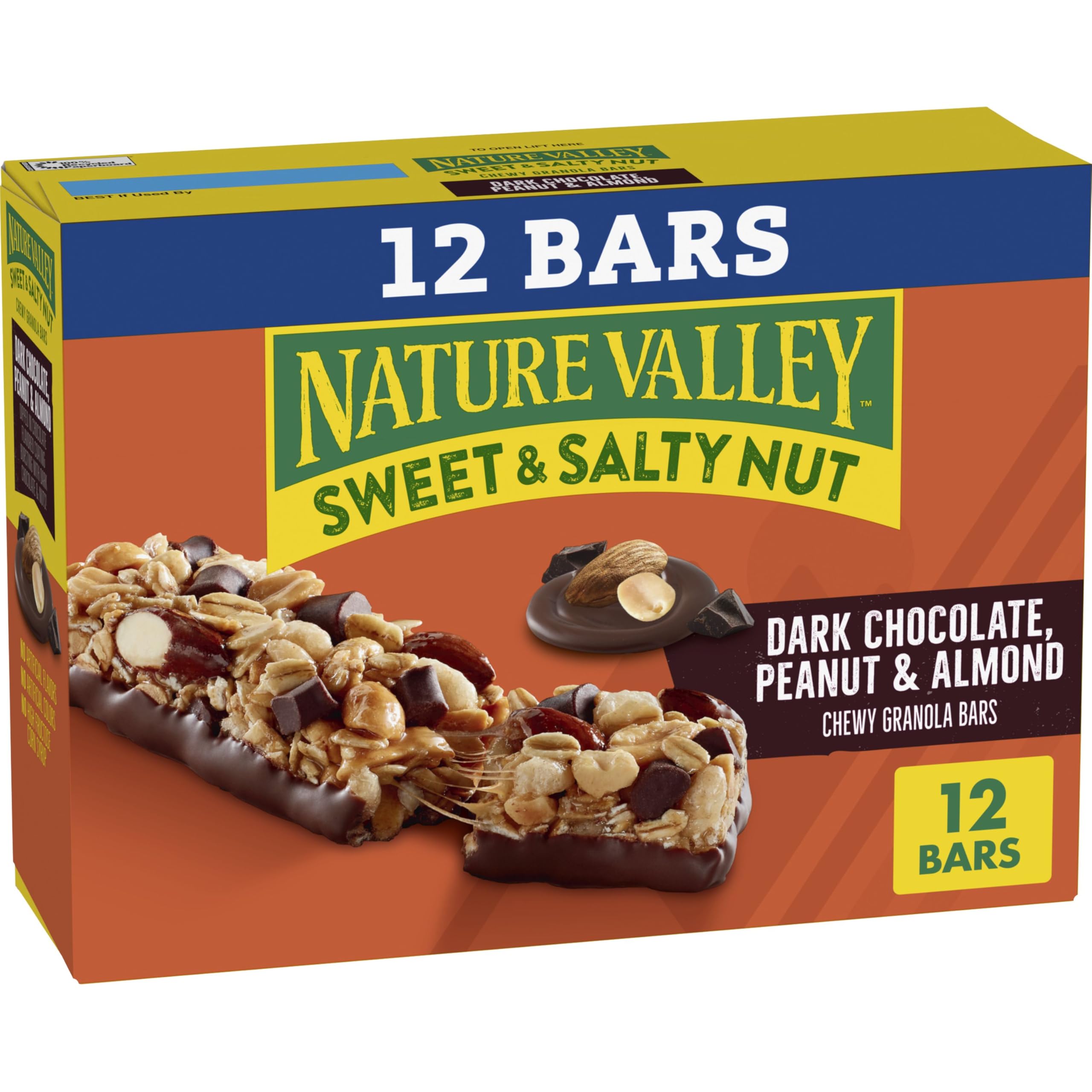 Nature Valley Dark Chocolate Peanut Almond bar close-up shows chewy texture