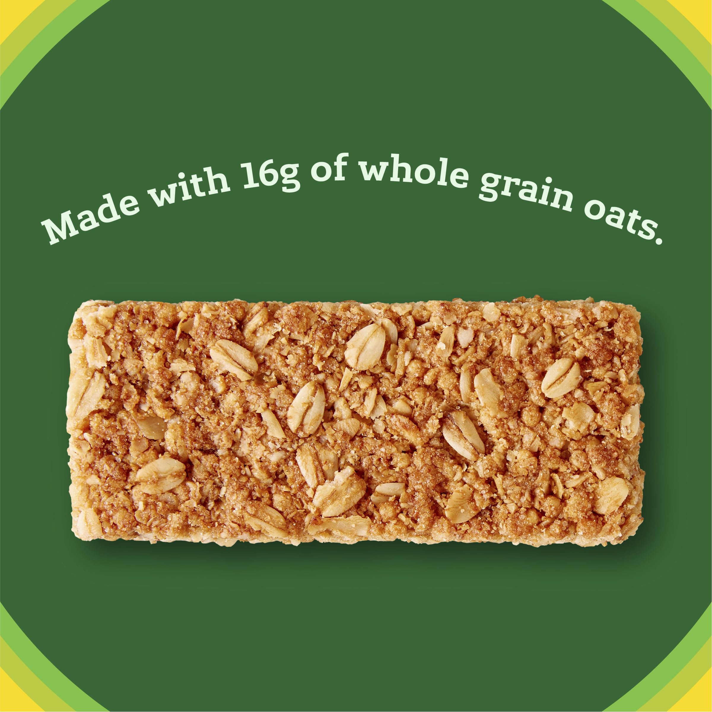 Nature Valley Oats 'n Honey bar closeup crunch highlighting oats and honey texture.