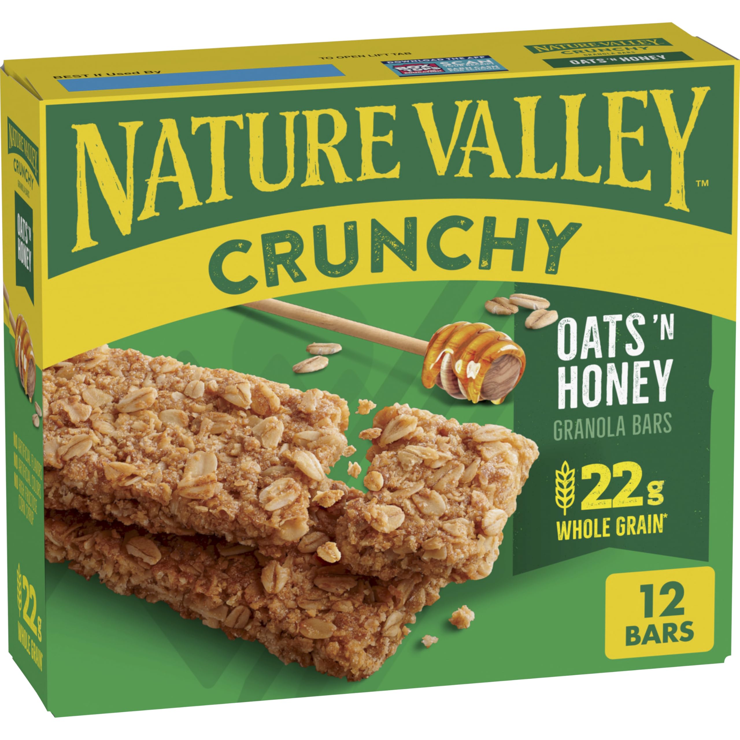 Nature Valley Oats 'n Honey bar pack showing a crunchy, convenient snack on the go.