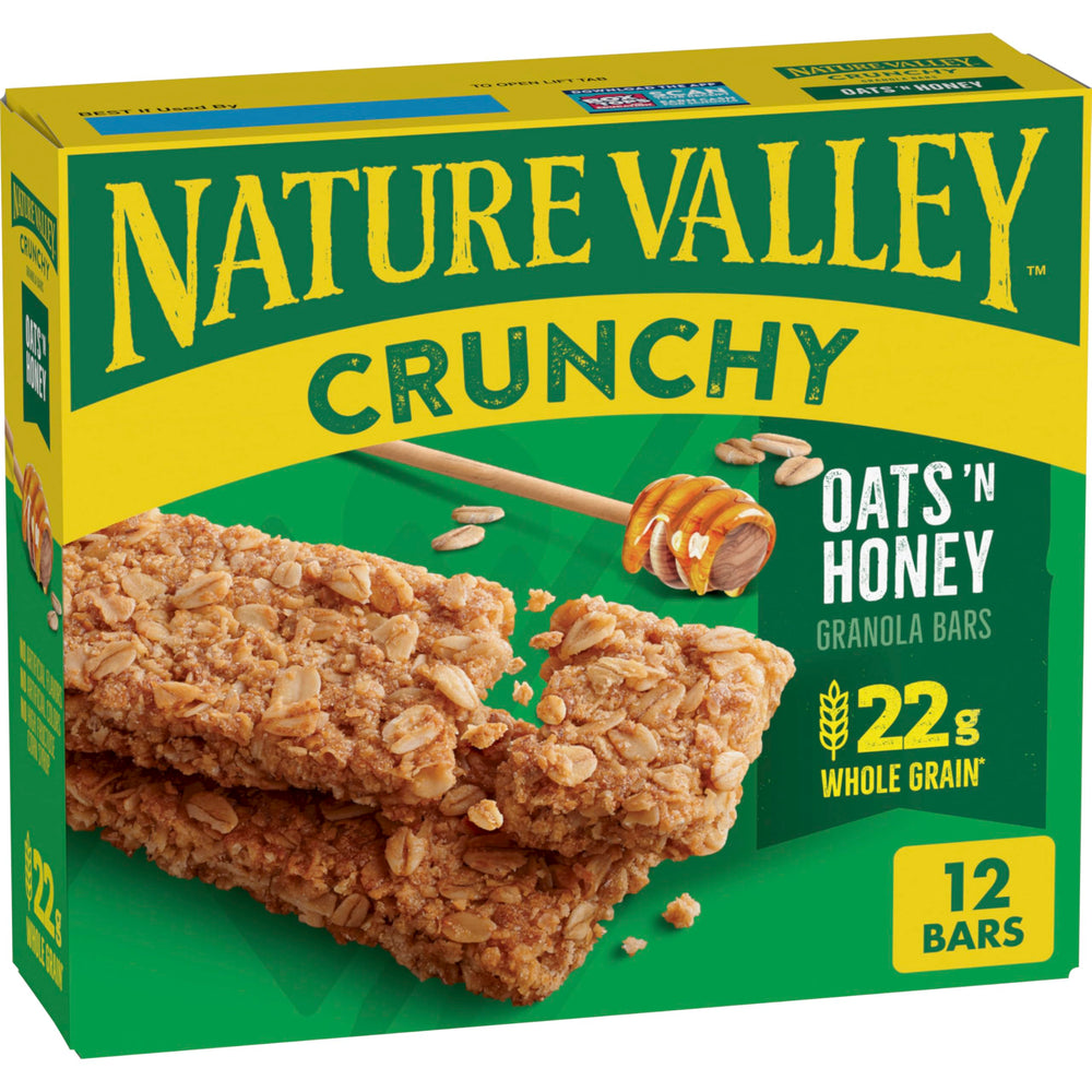 Nature Valley Oats 'n Honey bar pack showing a crunchy, convenient snack on the go.