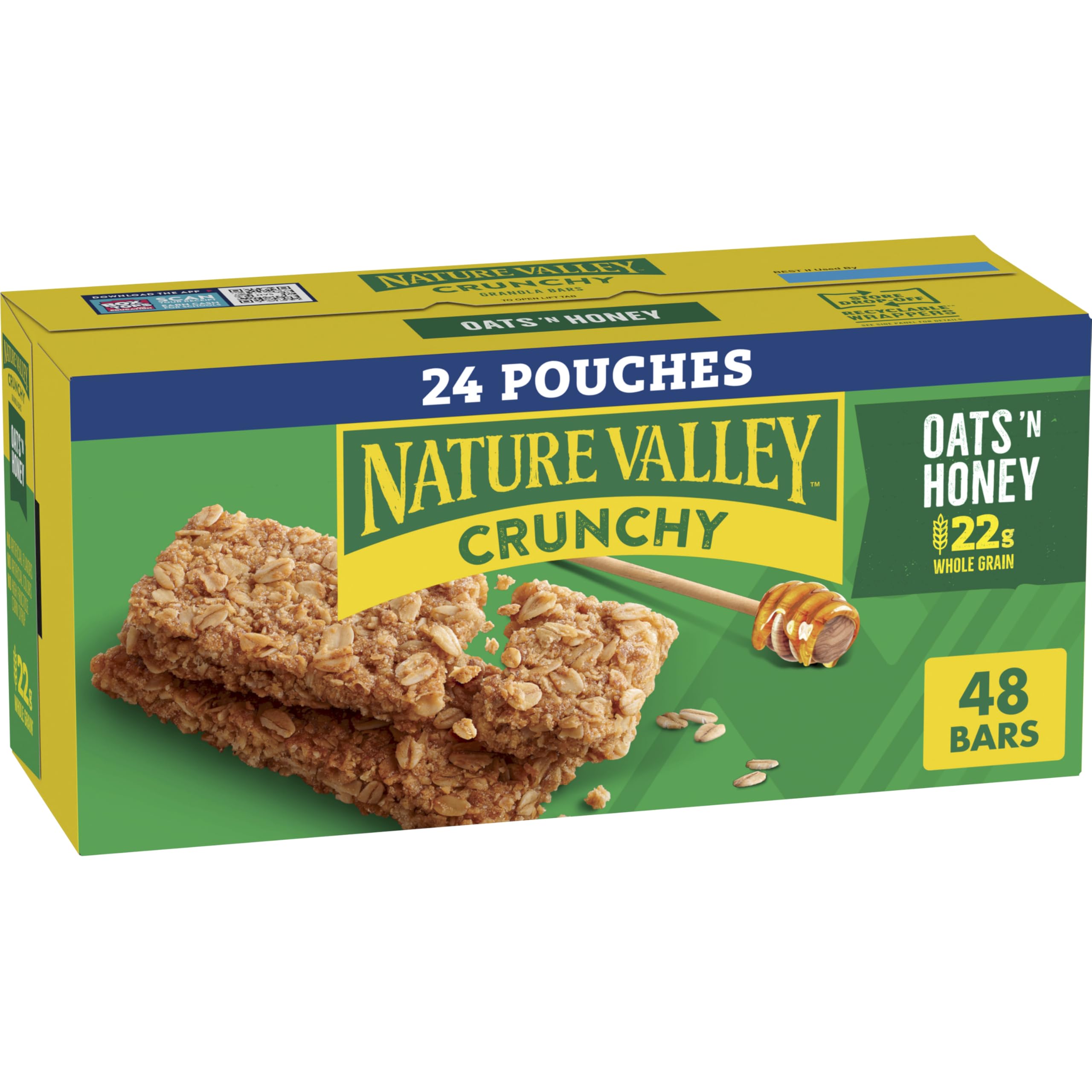 Nature Valley Oats 'n Honey crunchy bars packaging for easy on-the-go snacking.