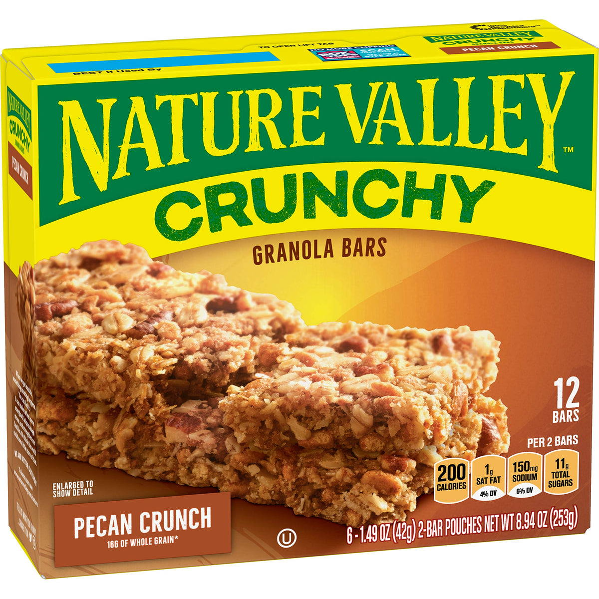 Nature Valley Pecan Crunch granola bar front view, portable whole-grain snack.